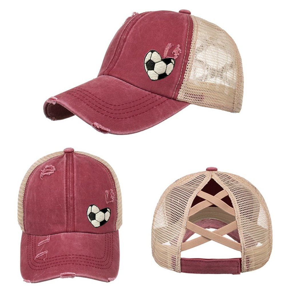 NEW Embroidered Soccer Heart Red Wine Distressed High Ponytail Trucker Hat